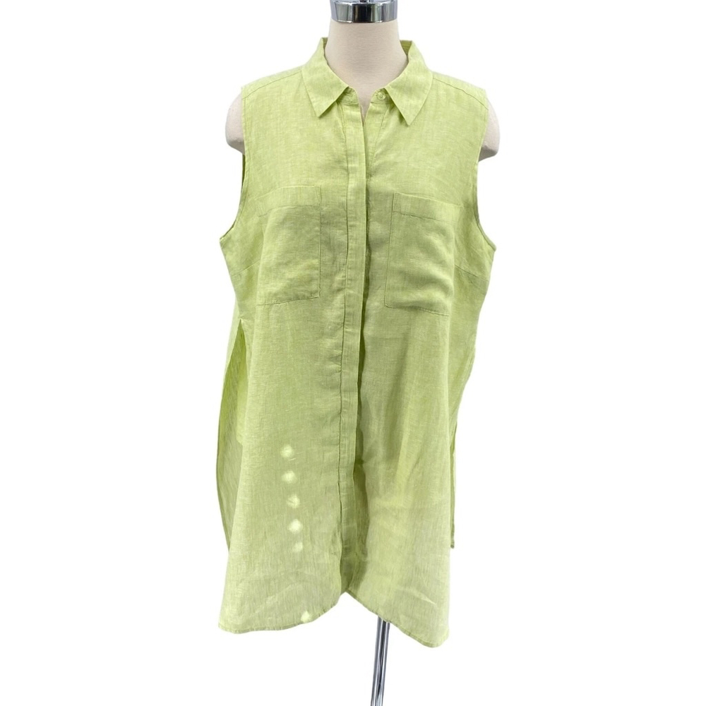 Chico's Sleeveless 100% Linen Button Down Two-Layer Tunic Shirt Green SZ 2
